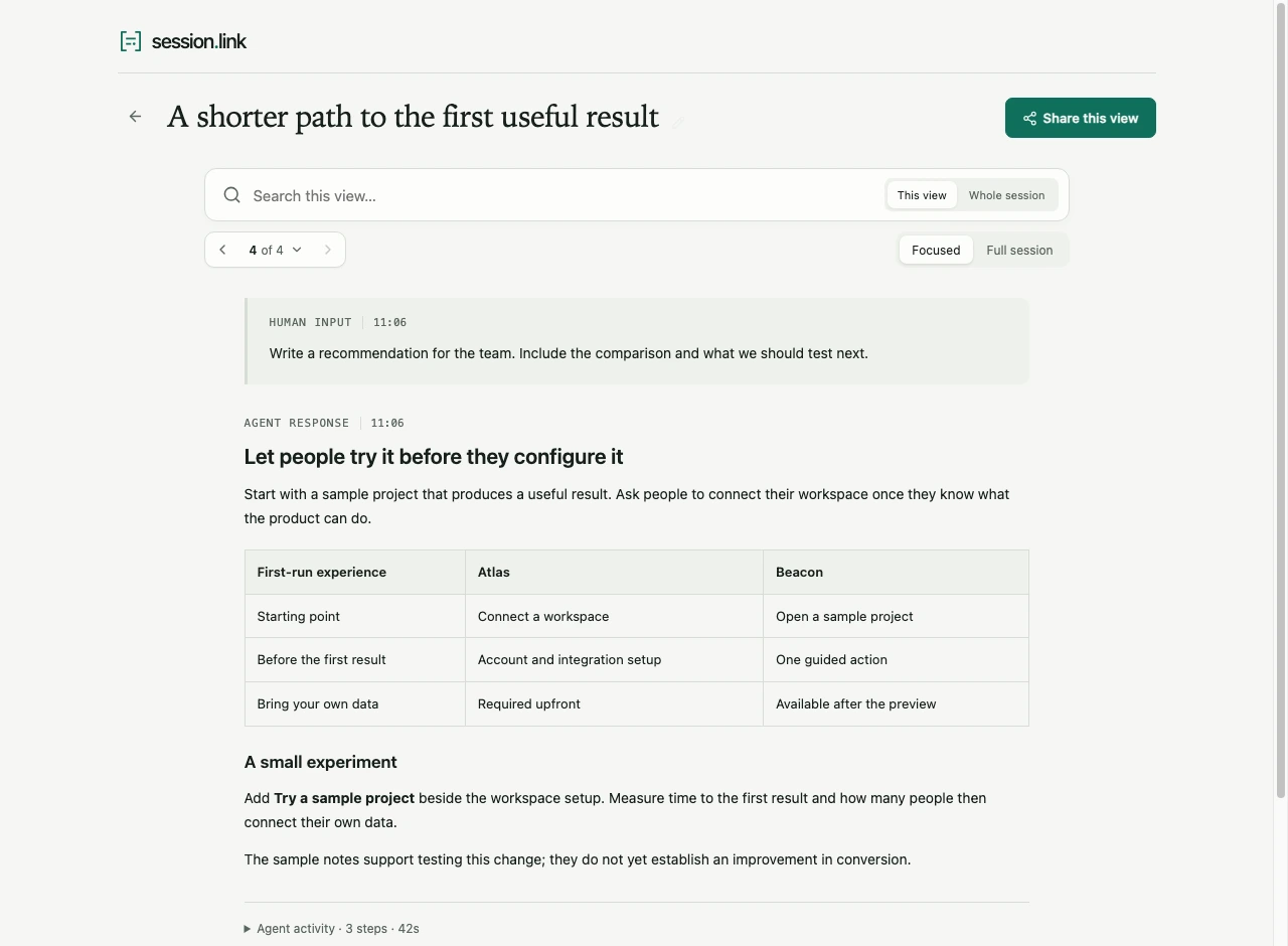 The session.link viewer opens on a research recommendation and its human input, with search, conversation navigation, and agent activity below.